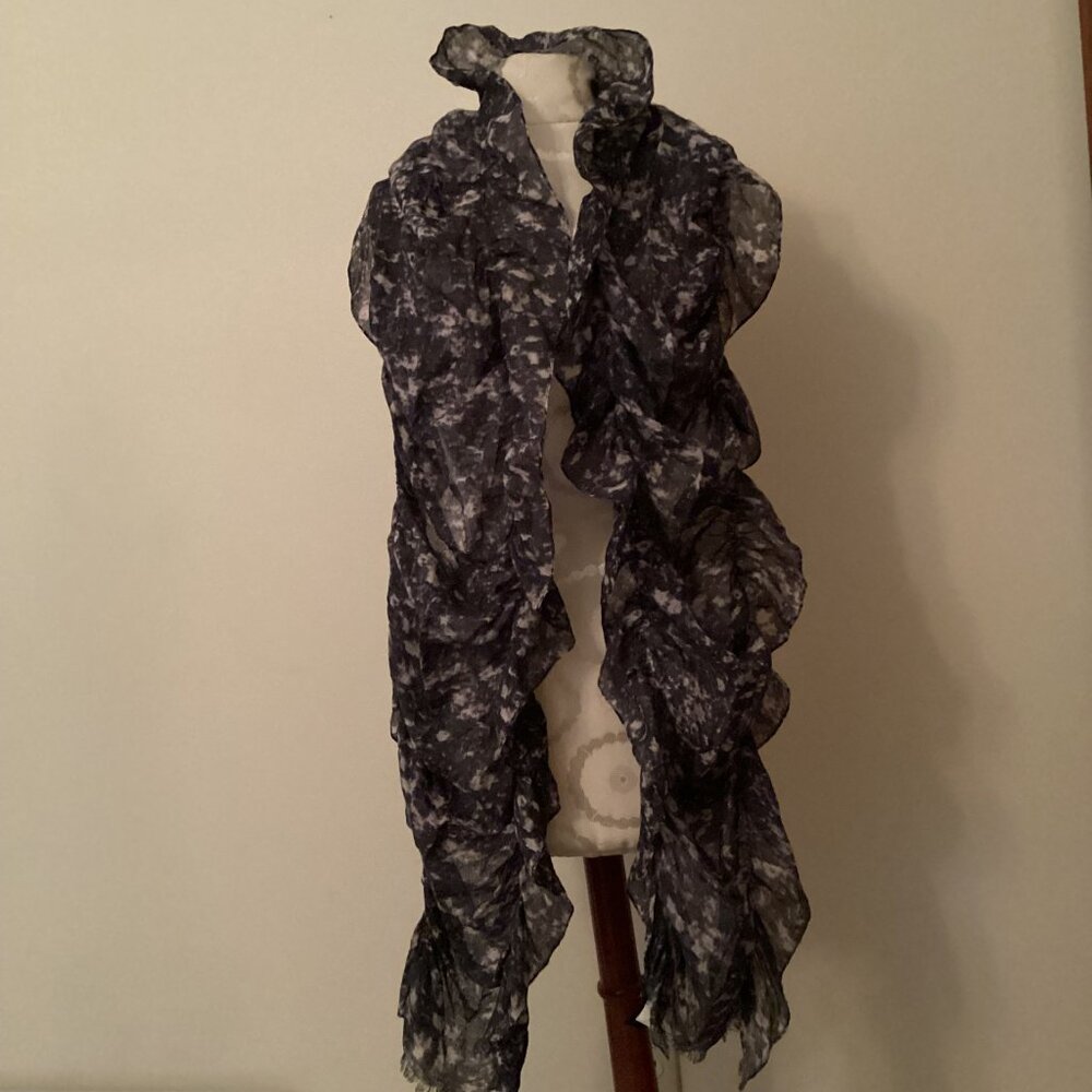 NEW! BANANA REPUBLIC SILK WOOL RUCHED FRINGED SCARF BLUE WATERCOLOR PRINT BOHO